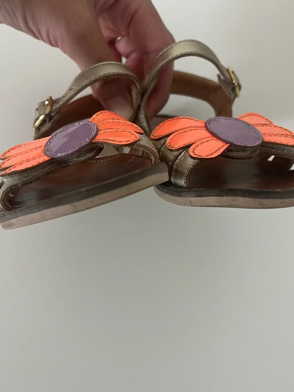 Girls Metallic Gold Sandals with Orange & Purple Flower Accent
